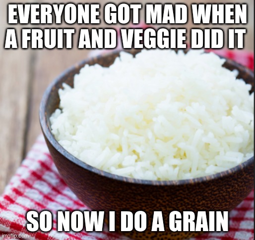 rice | EVERYONE GOT MAD WHEN A FRUIT AND VEGGIE DID IT; SO NOW I DO A GRAIN | image tagged in rice | made w/ Imgflip meme maker