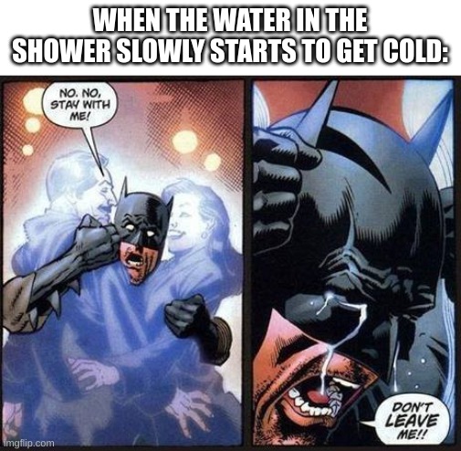 Batman don't leave me | WHEN THE WATER IN THE SHOWER SLOWLY STARTS TO GET COLD: | image tagged in batman don't leave me | made w/ Imgflip meme maker