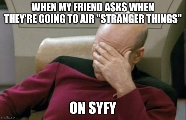 Wait, is that a dumb thing to ask? Because I'm pretty sure they also aired "BoJack Horseman" on Comedy Central. | WHEN MY FRIEND ASKS WHEN THEY'RE GOING TO AIR "STRANGER THINGS"; ON SYFY | image tagged in memes,captain picard facepalm,stranger things,syfy,netflix,not a true story | made w/ Imgflip meme maker