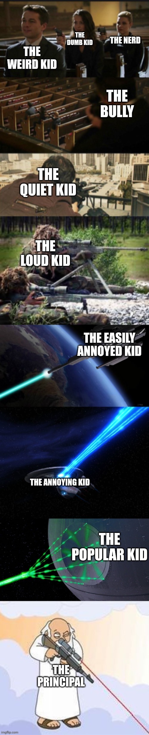 Everyone gets mad at each other... | THE DUMB KID; THE NERD; THE WEIRD KID; THE BULLY; THE QUIET KID; THE LOUD KID; THE EASILY ANNOYED KID; THE ANNOYING KID; THE POPULAR KID; THE PRINCIPAL | image tagged in assassination chain with too many assassins,memes,school,classroom | made w/ Imgflip meme maker