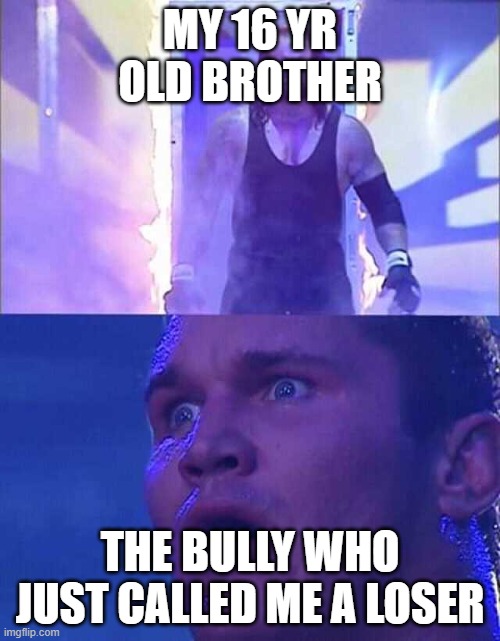 Random title | MY 16 YR OLD BROTHER; THE BULLY WHO JUST CALLED ME A LOSER | image tagged in randy orton undertaker | made w/ Imgflip meme maker