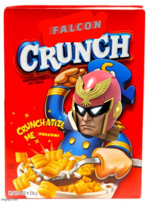 falcon crunch | FALCON; FALCON! | image tagged in captain crunch,fake,nintendo,f zero,cereal | made w/ Imgflip meme maker