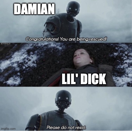 Congratulations you are being rescued please do not resist | DAMIAN; LIL' DICK | image tagged in congratulations you are being rescued please do not resist | made w/ Imgflip meme maker