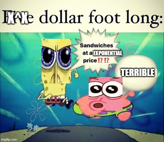 exponential foot long | X^X; EXPONENTIAL; TERRIBLE | image tagged in 5 dollar foot long | made w/ Imgflip meme maker