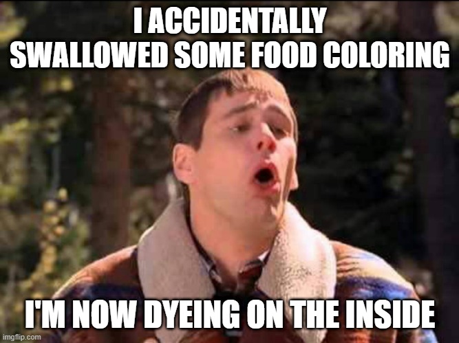 Dye | I ACCIDENTALLY SWALLOWED SOME FOOD COLORING; I'M NOW DYEING ON THE INSIDE | image tagged in sick | made w/ Imgflip meme maker