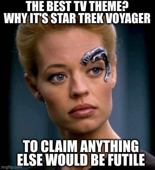 Contentious! Have your say here! | THE BEST TV THEME?
WHY IT'S STAR TREK VOYAGER; TO CLAIM ANYTHING ELSE WOULD BE FUTILE | image tagged in seven of nine serious,tv show,theme song,star trek voyager | made w/ Imgflip meme maker