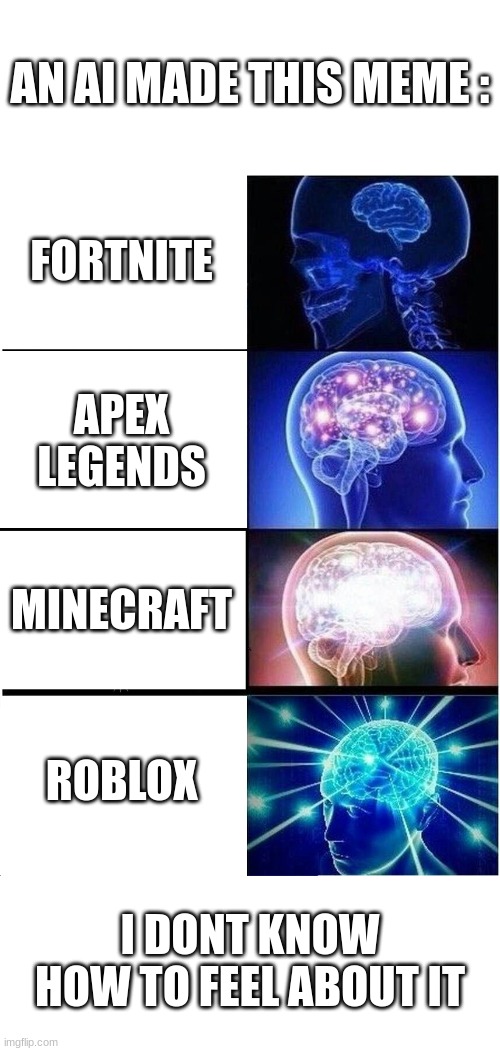 This is right, and also wrong | AN AI MADE THIS MEME :; I DONT KNOW HOW TO FEEL ABOUT IT | image tagged in video games,ai meme,expanding brain,memes | made w/ Imgflip meme maker
