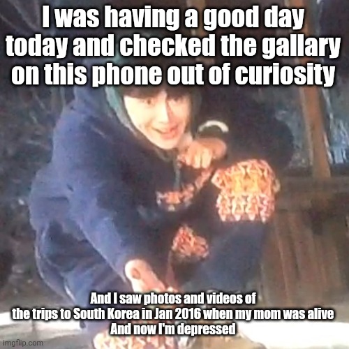 I had a good life until after that trip | I was having a good day today and checked the gallary on this phone out of curiosity; And I saw photos and videos of the trips to South Korea in Jan 2016 when my mom was alive
And now I'm depressed | image tagged in w | made w/ Imgflip meme maker