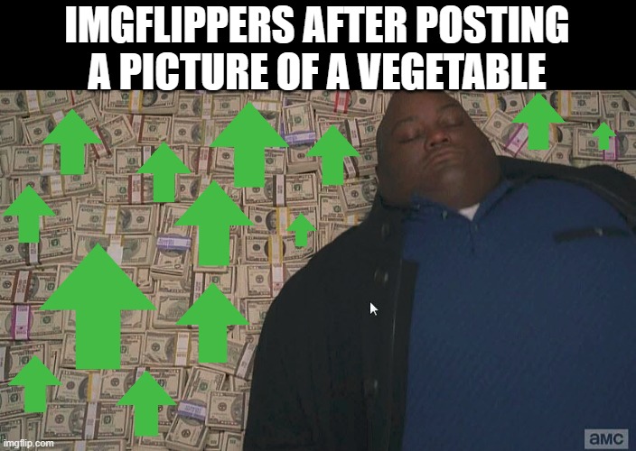 Meme #334 | IMGFLIPPERS AFTER POSTING A PICTURE OF A VEGETABLE | image tagged in fat guy laying on money,upvotes,vegetables,memes,front page,upvote begging | made w/ Imgflip meme maker