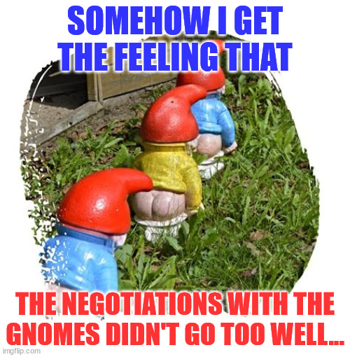 Whatever made you think the negotiations went well? | SOMEHOW I GET THE FEELING THAT; THE NEGOTIATIONS WITH THE GNOMES DIDN'T GO TOO WELL... | image tagged in gnomes,ah yes the negotiator | made w/ Imgflip meme maker