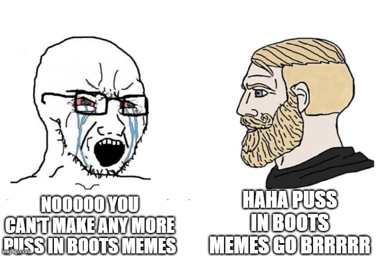 Can't stop won't stop | HAHA PUSS IN BOOTS MEMES GO BRRRRR; NOOOOO YOU CAN'T MAKE ANY MORE PUSS IN BOOTS MEMES | image tagged in soyboy vs yes chad,puss in boots,movies,memes | made w/ Imgflip meme maker