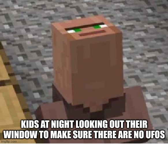 Minecraft Villager Looking Up | KIDS AT NIGHT LOOKING OUT THEIR WINDOW TO MAKE SURE THERE ARE NO UFOS | image tagged in minecraft villager looking up | made w/ Imgflip meme maker