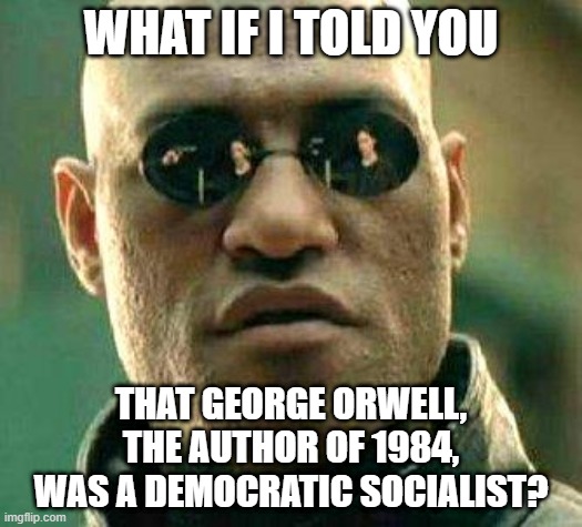 It's Orwellian how poorly conservatives understand the meanings of the words "democratic" and "socialist". | WHAT IF I TOLD YOU; THAT GEORGE ORWELL,
THE AUTHOR OF 1984,
WAS A DEMOCRATIC SOCIALIST? | image tagged in what if i told you,george orwell,orwellian,1984,words,meaning | made w/ Imgflip meme maker