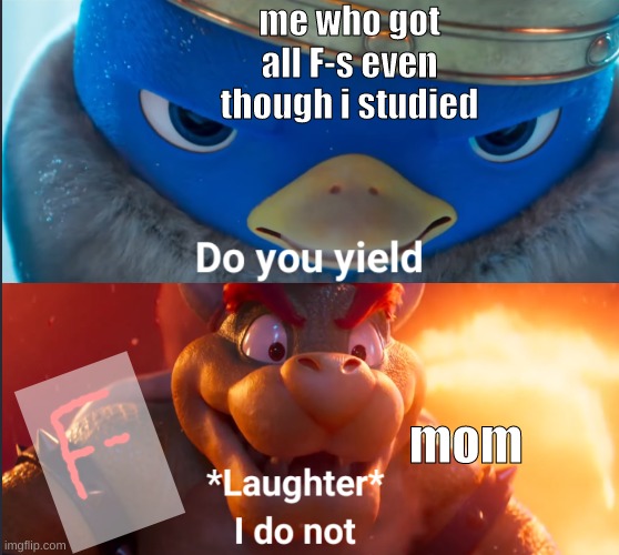 Do you yield? | me who got all F-s even though i studied; mom | image tagged in do you yield | made w/ Imgflip meme maker