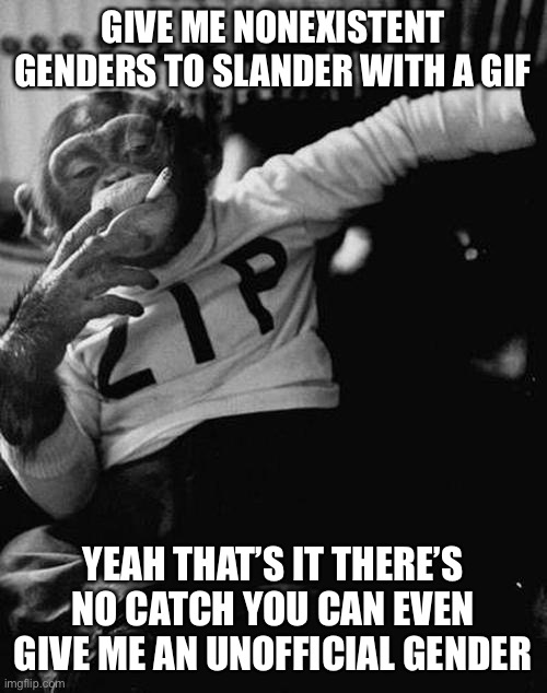 PART 5 (I think) | GIVE ME NONEXISTENT GENDERS TO SLANDER WITH A GIF; YEAH THAT’S IT THERE’S NO CATCH YOU CAN EVEN GIVE ME AN UNOFFICIAL GENDER | image tagged in smoking monkey,homophobia,is,based,balls | made w/ Imgflip meme maker