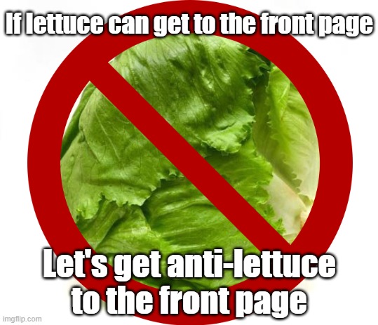 Let's put 'no lettuce' on the front page | If lettuce can get to the front page; Let's get anti-lettuce to the front page | image tagged in lettuce | made w/ Imgflip meme maker