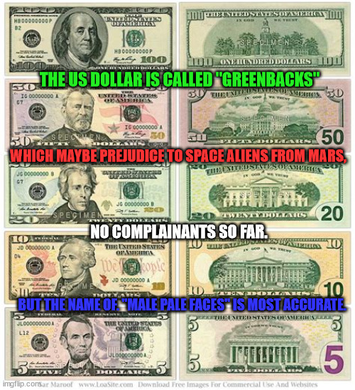 $ Male Pale Faces $ | THE US DOLLAR IS CALLED "GREENBACKS"; WHICH MAYBE PREJUDICE TO SPACE ALIENS FROM MARS, NO COMPLAINANTS SO FAR. BUT THE NAME OF. "MALE PALE FACES" IS MOST ACCURATE. | image tagged in dollar,greenbaks,redneck rubles,racist reserve,white trash treasure,bleached bux | made w/ Imgflip meme maker