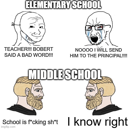 what a big transition | ELEMENTARY SCHOOL; TEACHER!!! BOBERT SAID A BAD WORD!!! NOOOO I WILL SEND HIM TO THE PRINCIPAL!!!! MIDDLE SCHOOL; I know right; School is f*cking sh*t | image tagged in crying wojak / i know chad meme,memes,funny memes,relatable,school | made w/ Imgflip meme maker