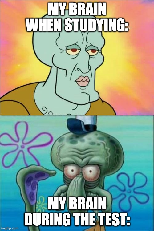 AAAA | MY BRAIN WHEN STUDYING:; MY BRAIN DURING THE TEST: | image tagged in memes,squidward | made w/ Imgflip meme maker