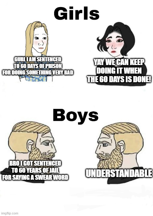 Girls vs Boys | GURL I AM SENTENCED TO 60 DAYS OF PRISON FOR DOING SOMETHING VERY BAD; YAY WE CAN KEEP DOING IT WHEN THE 60 DAYS IS DONE! UNDERSTANDABLE; BRO I GOT SENTENCED TO 60 YEARS OF JAIL FOR SAYING A SWEAR WORD | image tagged in girls vs boys | made w/ Imgflip meme maker