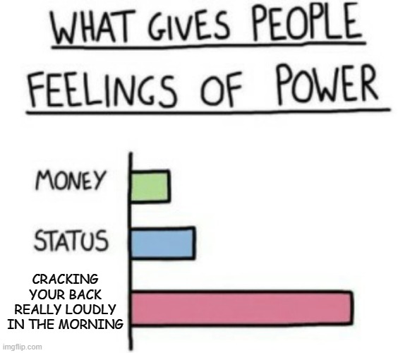 The best feeling in the world. | CRACKING YOUR BACK REALLY LOUDLY IN THE MORNING | image tagged in what gives people feelings of power | made w/ Imgflip meme maker