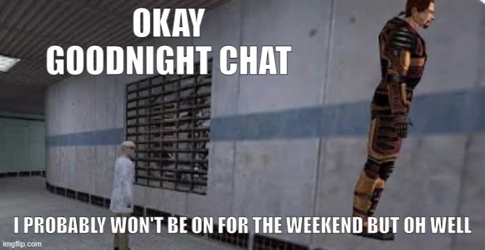 Gordon Freeman bunnyhopping | OKAY GOODNIGHT CHAT; I PROBABLY WON'T BE ON FOR THE WEEKEND BUT OH WELL | image tagged in gordon freeman bunnyhopping | made w/ Imgflip meme maker