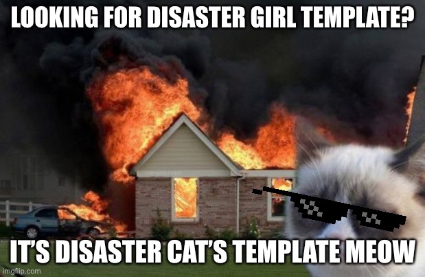 Found this, lol | LOOKING FOR DISASTER GIRL TEMPLATE? IT’S DISASTER CAT’S TEMPLATE MEOW | image tagged in memes,burn kitty,grumpy cat | made w/ Imgflip meme maker