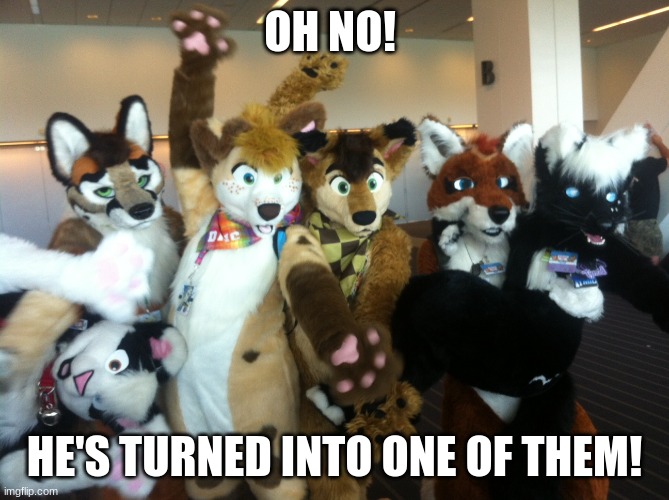 Furries | OH NO! HE'S TURNED INTO ONE OF THEM! | image tagged in furries | made w/ Imgflip meme maker