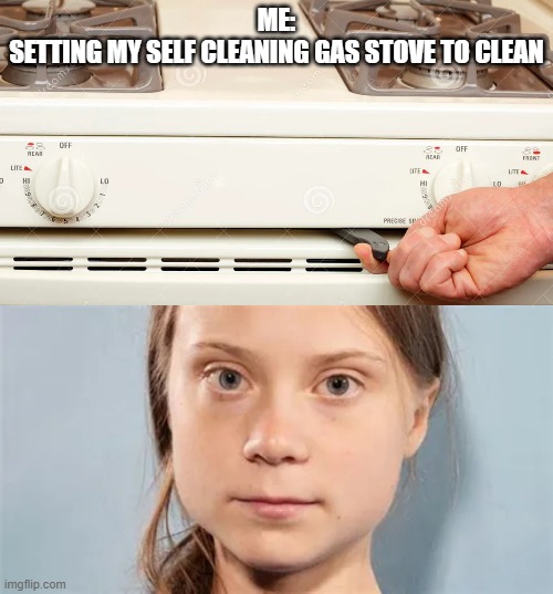 ME:
SETTING MY SELF CLEANING GAS STOVE TO CLEAN | image tagged in greta thunberg | made w/ Imgflip meme maker