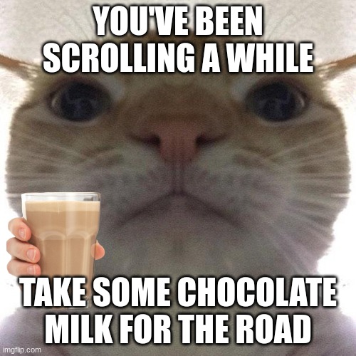 enjoy | YOU'VE BEEN SCROLLING A WHILE; TAKE SOME CHOCOLATE MILK FOR THE ROAD | image tagged in staring cat/gusic | made w/ Imgflip meme maker