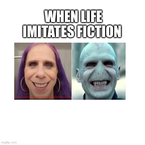Woke nightmares | WHEN LIFE IMITATES FICTION | image tagged in voldemort,woke,transgender,harry potter meme,creepy smile | made w/ Imgflip meme maker