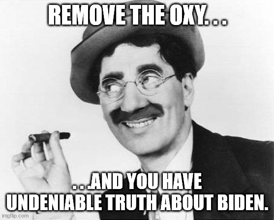 Groucho Marx | REMOVE THE OXY. . . . . .AND YOU HAVE UNDENIABLE TRUTH ABOUT BIDEN. | image tagged in groucho marx | made w/ Imgflip meme maker