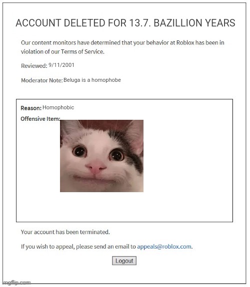 Belu-nipwits | ACCOUNT DELETED FOR 13.7. BAZILLION YEARS; 9/11/2001; Beluga is a homophobe; Homophobic | image tagged in moderation system | made w/ Imgflip meme maker
