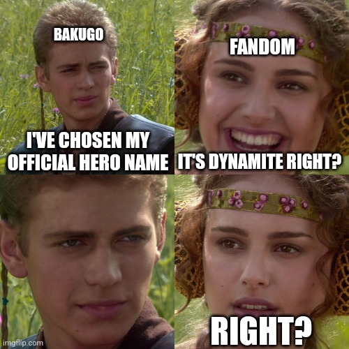 Or a name like that | BAKUGO; FANDOM; I'VE CHOSEN MY OFFICIAL HERO NAME; IT'S DYNAMITE RIGHT? RIGHT? | image tagged in anakin padme 4 panel | made w/ Imgflip meme maker