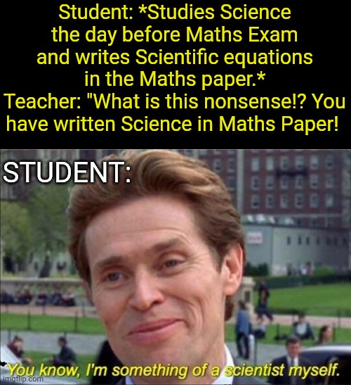 You know, I'm something of a scientist myself | Student: *Studies Science the day before Maths Exam and writes Scientific equations in the Maths paper.*
Teacher: "What is this nonsense!? You have written Science in Maths Paper! STUDENT: | image tagged in you know i'm something of a scientist myself | made w/ Imgflip meme maker