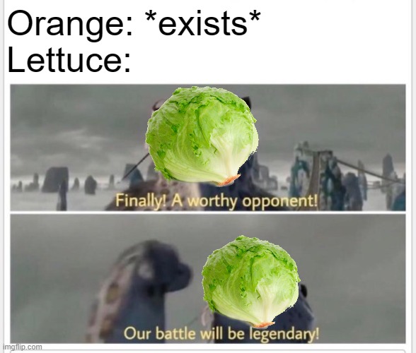 another lettuce meme | Orange: *exists*
Lettuce: | image tagged in finally a worthy opponent,lettuce,unfunny | made w/ Imgflip meme maker