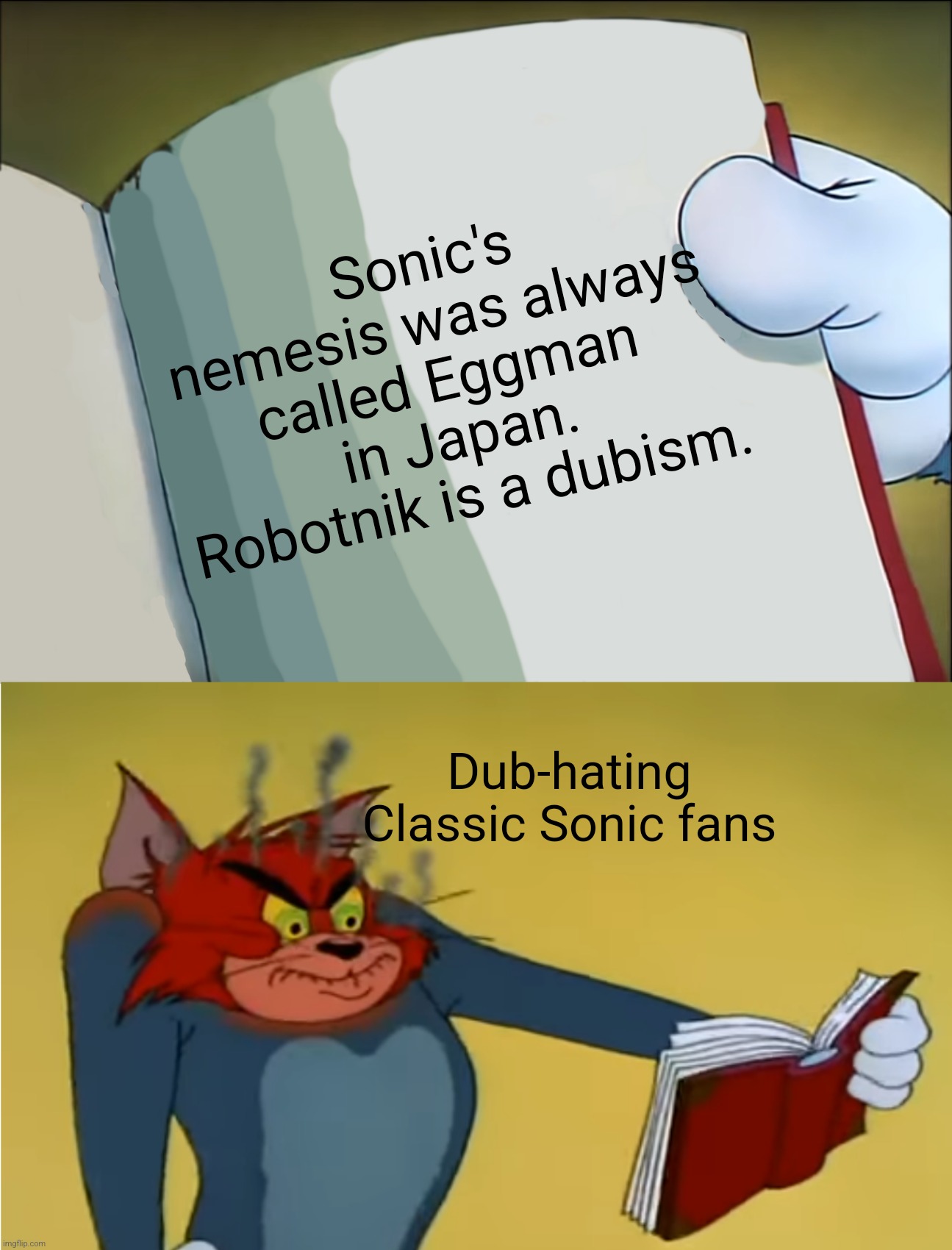Angry Tom Reading Book | Sonic's nemesis was always called Eggman in Japan. Robotnik is a dubism. Dub-hating Classic Sonic fans | image tagged in angry tom reading book | made w/ Imgflip meme maker