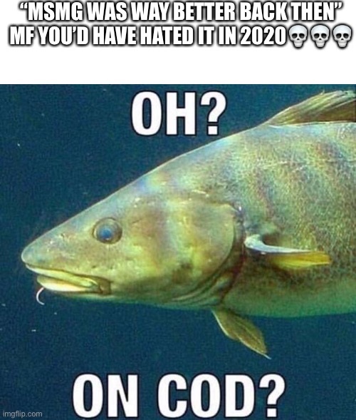 on cod? | “MSMG WAS WAY BETTER BACK THEN” MF YOU’D HAVE HATED IT IN 2020💀💀💀 | image tagged in on cod | made w/ Imgflip meme maker