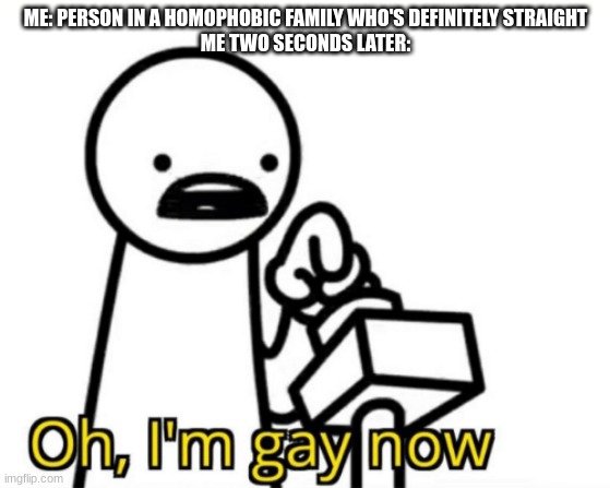 idek | ME: PERSON IN A HOMOPHOBIC FAMILY WHO'S DEFINITELY STRAIGHT
ME TWO SECONDS LATER: | image tagged in oh i'm gay now | made w/ Imgflip meme maker