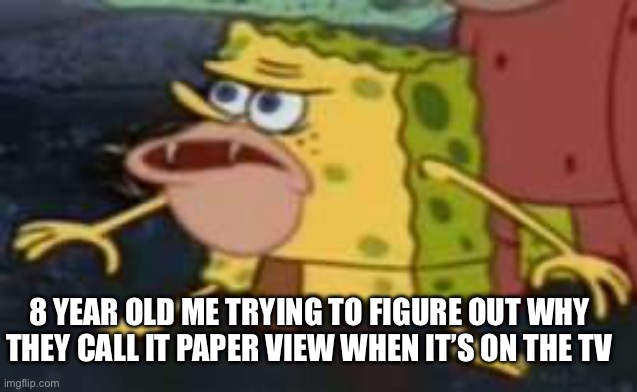 Pay-Per-View | 8 YEAR OLD ME TRYING TO FIGURE OUT WHY THEY CALL IT PAPER VIEW WHEN IT’S ON THE TV | image tagged in memes,spongegar | made w/ Imgflip meme maker
