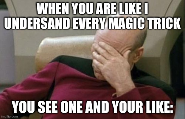 Captain Picard Facepalm Meme | WHEN YOU ARE LIKE I UNDERSAND EVERY MAGIC TRICK; YOU SEE ONE AND YOUR LIKE: | image tagged in memes,captain picard facepalm | made w/ Imgflip meme maker