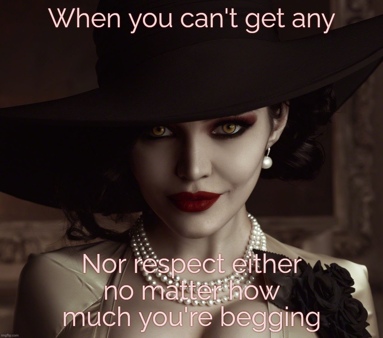 Lady Dimitrescu Resident Evil Village | When you can't get any Nor respect either
no matter how much you're begging | image tagged in lady dimitrescu resident evil village | made w/ Imgflip meme maker