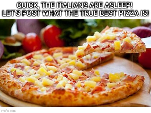 At the time of making this they'd actually be up doing their jobs lol | QUICK, THE ITALIANS ARE ASLEEP!  LET'S POST WHAT THE TRUE BEST PIZZA IS! | image tagged in italy,pineapple pizza | made w/ Imgflip meme maker