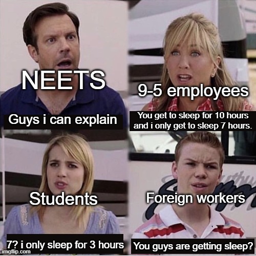 Sleep | NEETS; 9-5 employees; You get to sleep for 10 hours and i only get to sleep 7 hours. Guys i can explain; Foreign workers; Students; 7? i only sleep for 3 hours; You guys are getting sleep? | image tagged in guys i can explain | made w/ Imgflip meme maker