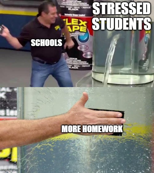 schools pov | STRESSED STUDENTS; SCHOOLS; MORE HOMEWORK | image tagged in flex tape | made w/ Imgflip meme maker