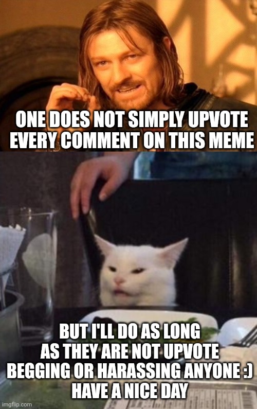 Always wanted to try this | ONE DOES NOT SIMPLY UPVOTE EVERY COMMENT ON THIS MEME; BUT I'LL DO AS LONG AS THEY ARE NOT UPVOTE BEGGING OR HARASSING ANYONE :)
HAVE A NICE DAY | image tagged in memes,one does not simply,woman yelling at cat | made w/ Imgflip meme maker