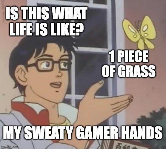 Is This A Pigeon | IS THIS WHAT LIFE IS LIKE? 1 PIECE OF GRASS; MY SWEATY GAMER HANDS | image tagged in memes,is this a pigeon | made w/ Imgflip meme maker