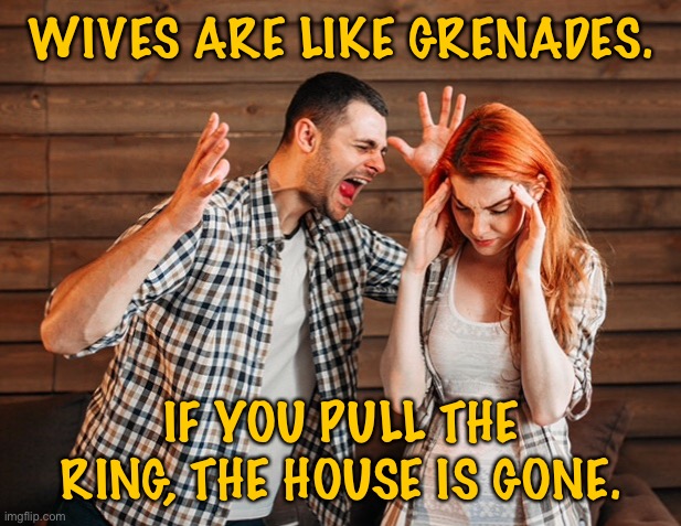 Man and Woman argument | WIVES ARE LIKE GRENADES. IF YOU PULL THE RING, THE HOUSE IS GONE. | image tagged in argument,women are like grenades,pull the ring,the house is gone,dark humour | made w/ Imgflip meme maker