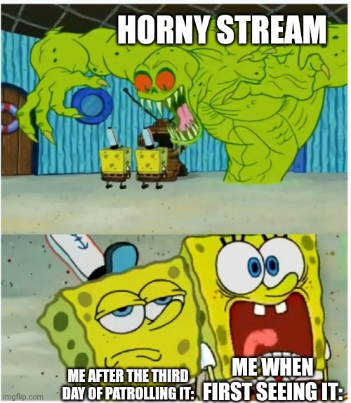 I don't know how but I actually got used to it. Send help. | HORNY STREAM; ME WHEN FIRST SEEING IT:; ME AFTER THE THIRD DAY OF PATROLLING IT: | image tagged in spongebob squarepants scared but also not scared | made w/ Imgflip meme maker