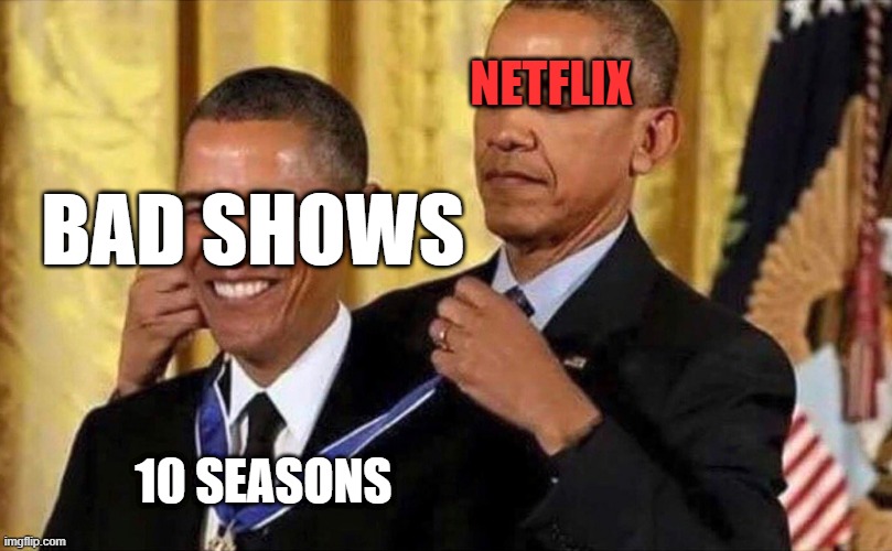 why does netflix do this | NETFLIX; BAD SHOWS; 10 SEASONS | image tagged in obama medal | made w/ Imgflip meme maker